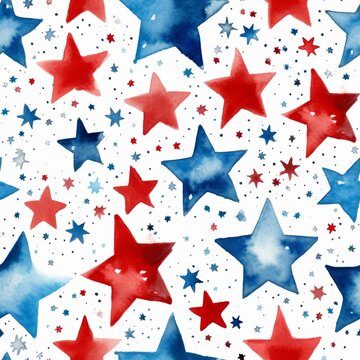 Watercolor splashes in red and blue colors with stars. USA national holiday concept background. Seamless background.