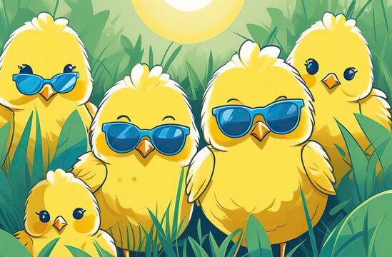 five yellow chicks with blue sunglasses bang, natural background, bright sun, young greenery. easter concept	
