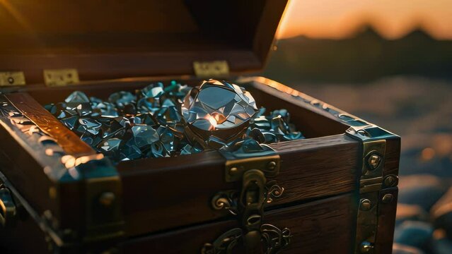 Video animation of wooden treasure chest filled with sparkling jewels and gems. The chest is adorned with metal reinforcements at the corners and a lock at the front