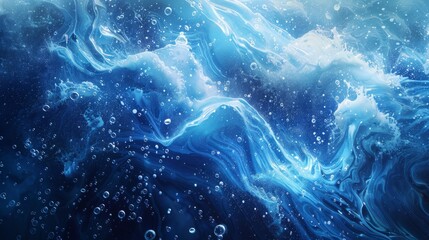 An underwater perspective of blue ocean waves, accentuated with bubbles and beams of light, perfect for serene backgrounds 