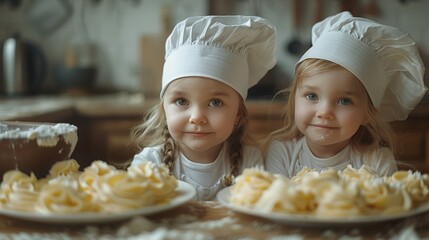 little girls chef wearing chef hat and uniform preparing cakes, Concept of junior baking