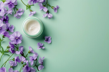 Botanical Bliss: Cosmetic Jar on Mint Wood Background