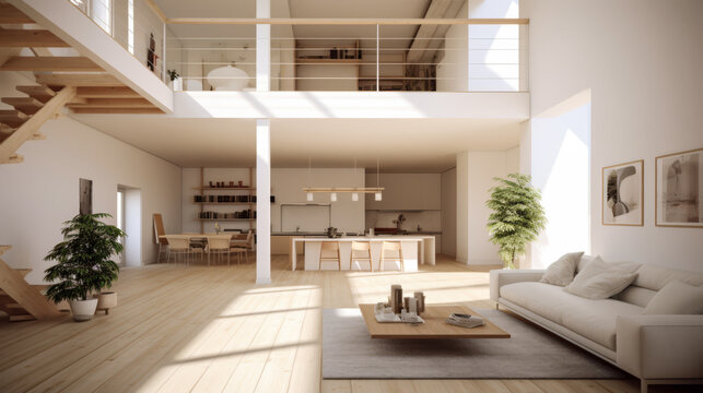 A large open living room with a wooden floor and white walls. The room is filled with furniture, including a couch, a coffee table, and a dining table. There are potted plants