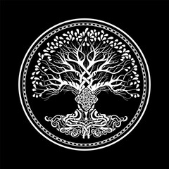 Yggdrasil tree of life Celtic sacred symbol. Celtic astronomy is a magical symbol of rebirth, positive energy and balance in nature. Vector tattoo, logo, print. - 763250728