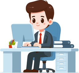 flat illustration character image of office employee working with computer
