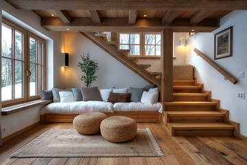 Interior design of a modern country house. Seating area with sofa under wooden stairs