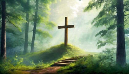 Wooden Cross at the Edge of a Forest - obrazy, fototapety, plakaty