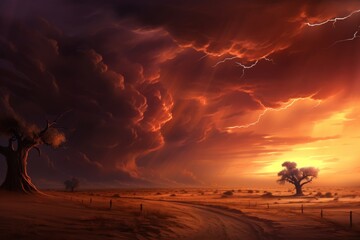Approaching thunderstorm, landscape of evening red sky with clouds, nature concept