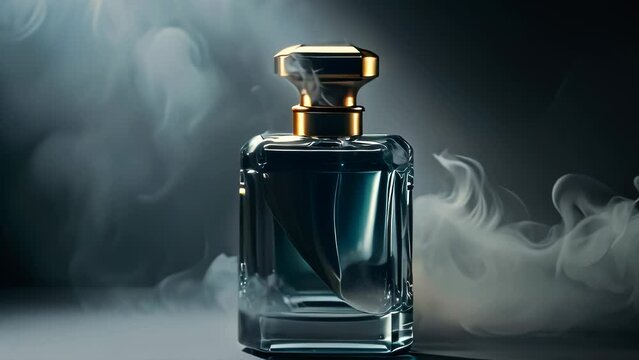 Video animation of  captivating perfume bottle surrounded by an enigmatic swirl of smoke. The dark background adds to the mystique, emphasizing the elegance and allure of the fragrance