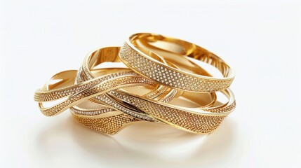 Fashionable and elegant gold bracelets presented in isolation against a white background, showcasing their design and craftsmanship  - obrazy, fototapety, plakaty