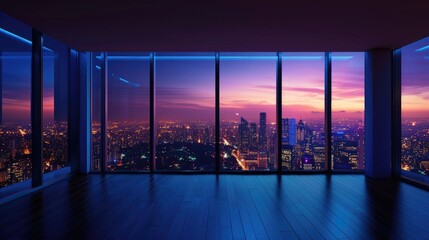 An empty room in a skyscraper and a view of the night city. Beautiful expensive property with a view. - obrazy, fototapety, plakaty