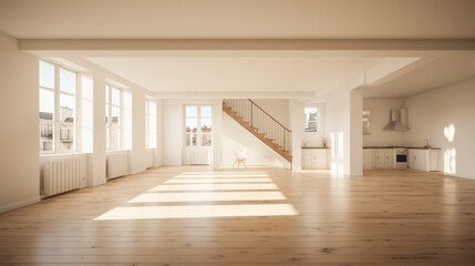 A large open living room with a staircase leading up to the second floor. The room is empty and features a wooden floor and white walls - obrazy, fototapety, plakaty