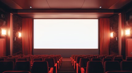 Fototapeta premium Empty cinema interior with red seats and white screen