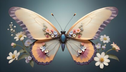 A Butterfly With Wings Adorned With Delicate Flowe Upscaled - obrazy, fototapety, plakaty