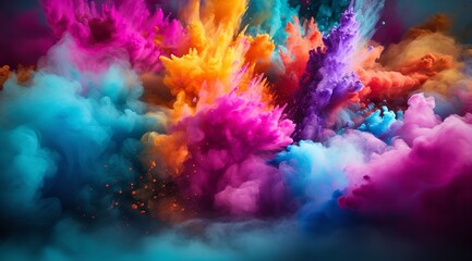 Fototapeta na wymiar Happy Holi: Colorful Powder Explosion in the Air with Vibrant Background