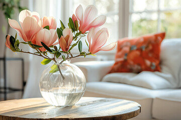 glass vase with a sprig of magnolia on a wooden table near a white sofa with coral pillows in the...