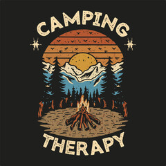 Outdoor mountain retro print t shirt design Camping Bornfire graphic illustration artwork camping