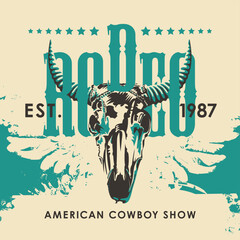 Banner for a Cowboy Rodeo show in retro style. Vector illustration with a skull of bull and lettering on an abstract background with black wings. Suitable for poster, label, flyer, banner, invitation - 763252590