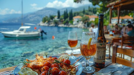 seafood in taverna with view sea
