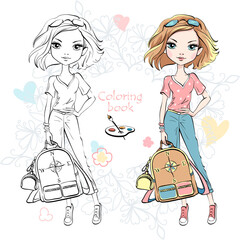 Vector Coloring Book of cute fashion blond girl traveler - 763252748