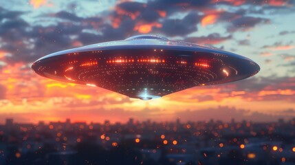 Fototapeta na wymiar Alien UFO in the Sky. Extraterrestrial Spacecraft Flying Saucer with Clipping Path in Science Fiction Concept Outdoors