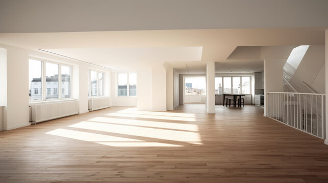 A large, empty room with a lot of windows and a staircase. The room is very spacious and has a lot of natural light coming in from the windows