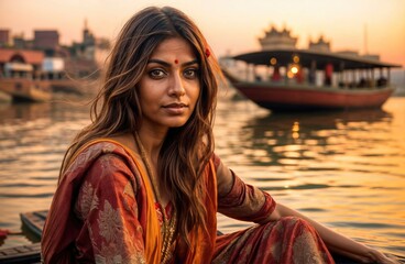 Sacred Serenity: An Indian Woman Contemplates the Ganges River at Sunset.