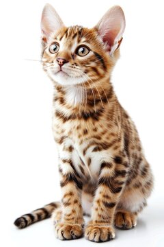Bengal Cat Isolated on White Background. Playful Tabby with Striped Leopard Appearance and Short Hair