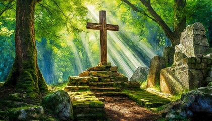 Wooden Cross Amidst Ancient Ruins in the Forest - obrazy, fototapety, plakaty