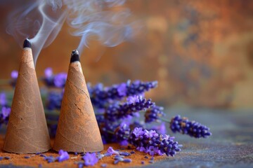 Burning Incense Cones with Lavender Flowers. Aromatherapy and Ayurveda Concept. Brown Background with Botanical Bloom Bouquet