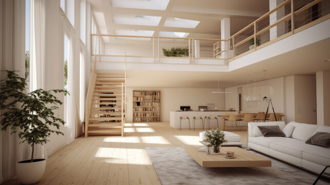 A large, open living room with a staircase leading up to a second floor. The room is filled with natural light and features a large white couch, a coffee table, and a potted plant