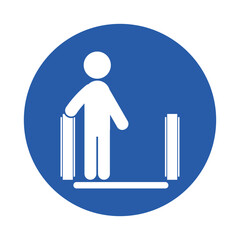 Blue round safety sign of stick figure use hand rail for indoor escalator, moving stairs safety sign