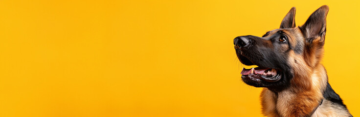 Majestic German Shepherd with Ears Perked Up and a Relaxed Smile, Eagerly Awaiting Treats on a Striking Yellow Background - Perfect Banner for Pet Supply Marketing with Copious Copy Space