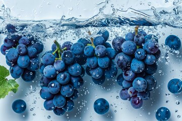 Fresh Blue Grapes Splashing into Crystal Clear Water with Bubbles on White Surface - obrazy, fototapety, plakaty