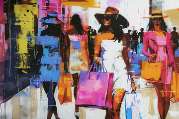 Drawing woman shopping at street shopping mall abstract background. Generative ai. - obrazy, fototapety, plakaty
