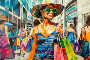 Drawing woman shopping at street shopping mall abstract background. Generative ai. - obrazy, fototapety, plakaty