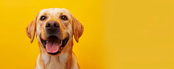 Joyful Labrador Retriever with Beaming Smile and Tongue Out, Ready for Treats Against a Bright...