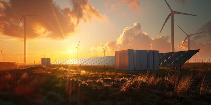 Energy Storage Technologies at Sunrise. Modern Dark Solar Panels, Battery Storage System and Wind Turbine in Warm Orange Light. 3D Rendering