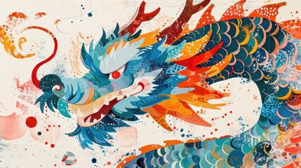 Cool poster with colorful Chinese dragon. Symbol of new 2024 year. Holiday greeting postcard. Art illustration. Asian zodiac calendar. Beautiful creature. Traditional celebration. Festive post card.