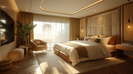 interior design of an expensive hotel room in a modern style with gold trim