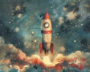 Space-themed birthday rocket Subdued colors Uplifting graphics Defiant Watercolor illustrations ,