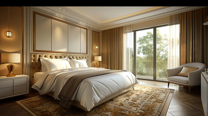 interior design of an expensive hotel room in a modern style with gold trim