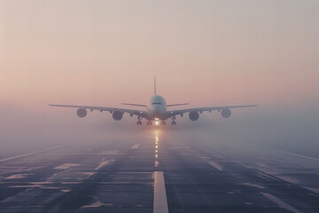 Majestic Airplane Ready for Takeoff at Dawn Misty Runway Banner - obrazy, fototapety, plakaty