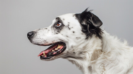 Studio portrait of a dog with black and white fur, seen in profile, isolated on light background
