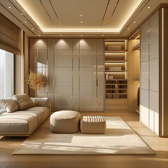 interior design of a modern dressing room with gold and wood trim