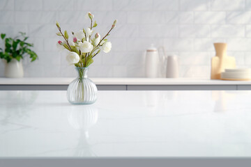 Vase with white plant on clean white marble counter in kitchen interior mock-up