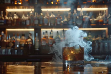 Fotobehang Smokey Whiskey Glass on Bar Counter Nightlife Elegance Banner © Алинка Пад