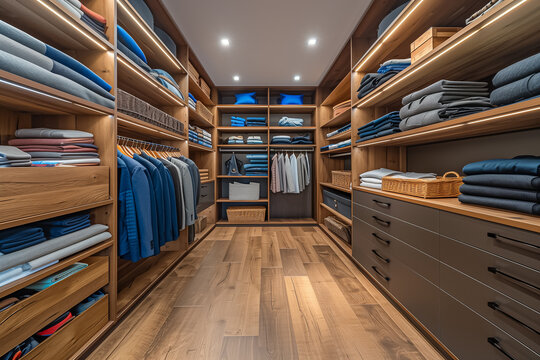 interior design of a modern dressing room with shelves and a wardrobe made of dark wenge wood