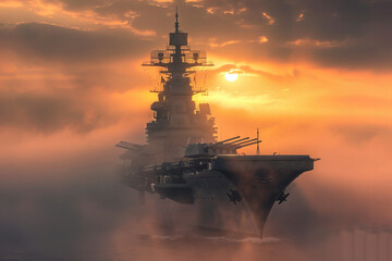Majestic Warship Sailing through Misty Sunrise Seascape Banner - obrazy, fototapety, plakaty