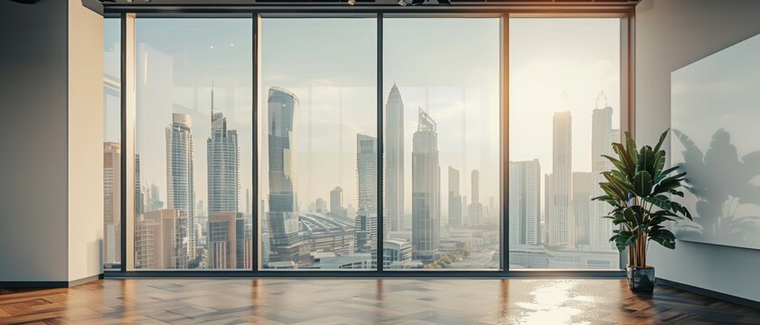 City skyline view through large window, urban landscape, high-rise buildings, daylight